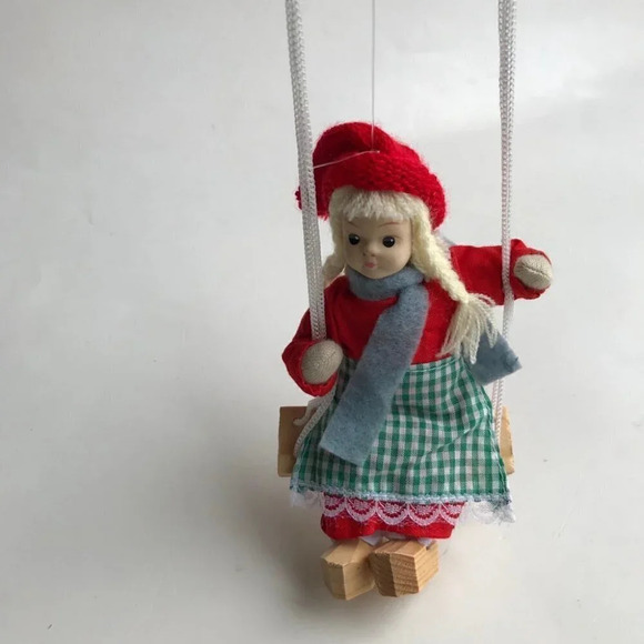 Scandinavian Doll Girl On Swing Wooden Shoes Clogs - Picture 7 of 10
